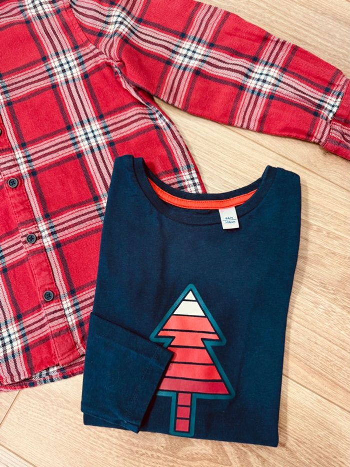 Taille 6 ans teeshirt et chemise Noël garçon Okaidi Orchestra rouge bleu marine * sapin * 🎄 - photo numéro 3