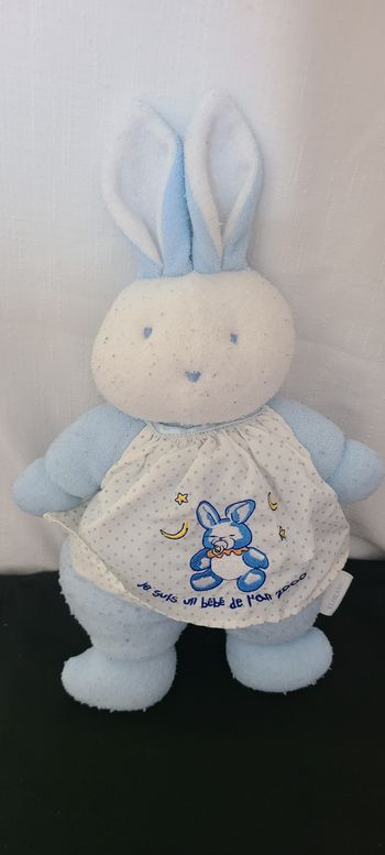 Doudou Peluche Lapin Bleu Blanc Tablier Pois Je Suis Un Bebe De L'An 2000 Klorane