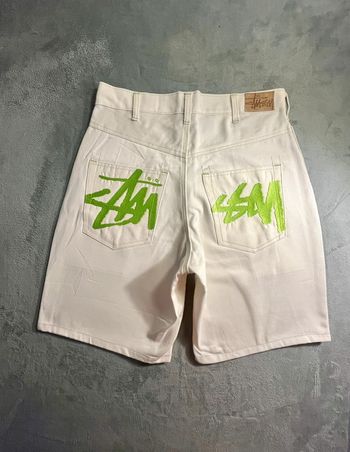 Short/Jort Stussy White Embroidered Green Neon Big Logo Back – Taille XL
