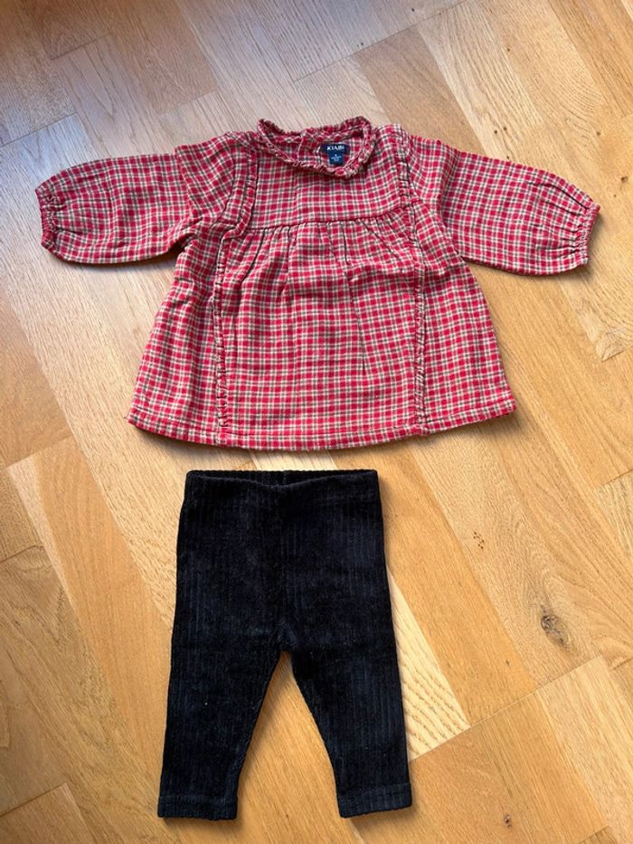 Ensemble tunique/chemisier carreaux volanté et legging velours bébé fille