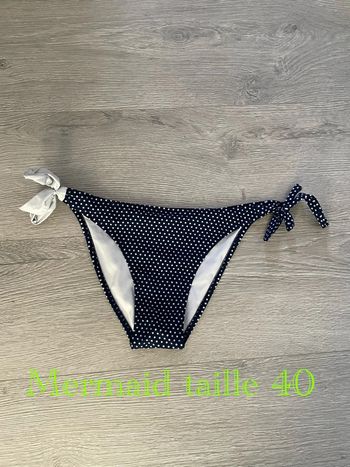 Culotte slip tanga de bain bleu marine à pois blanc noeud coté mermaid taille 40