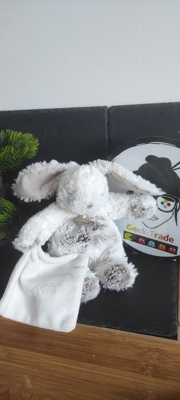 Doudou Lapin blanc gris beige Les Flocons mouchoir Baby nat peluche bn664 Chiné