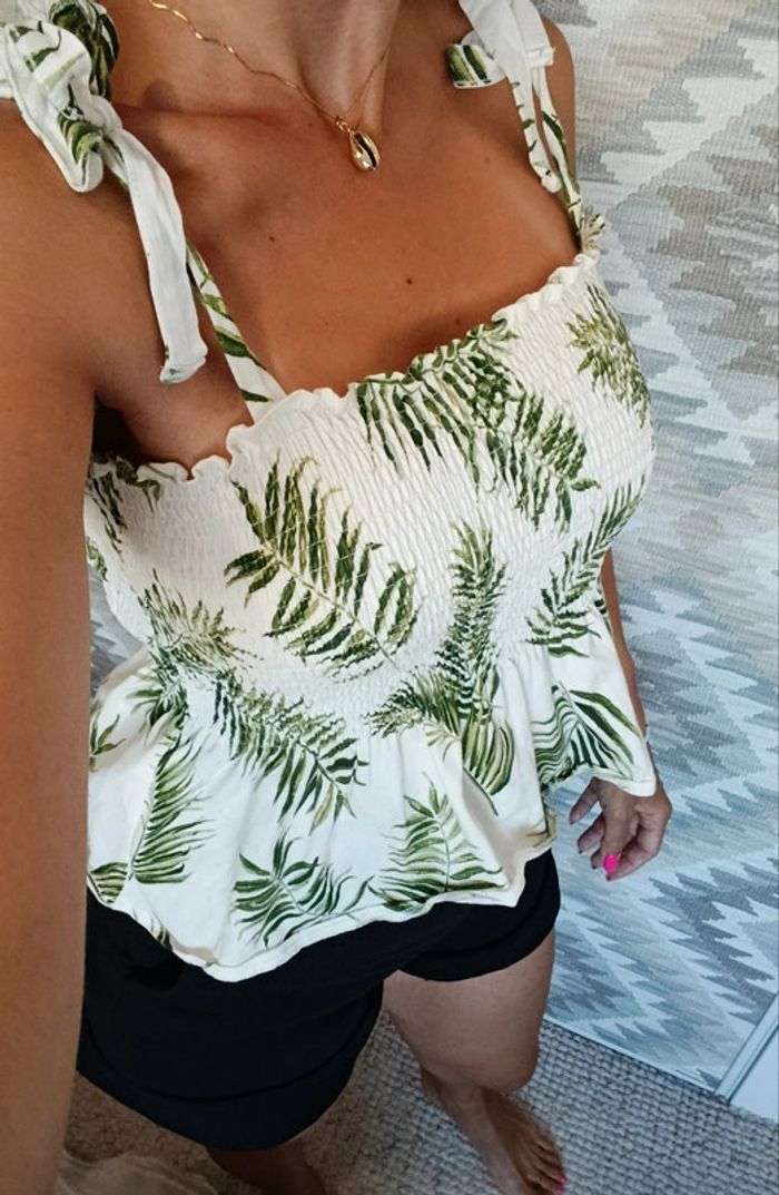 Top peplum court évasé tropical H&M M vert et blanc coton élasthanne