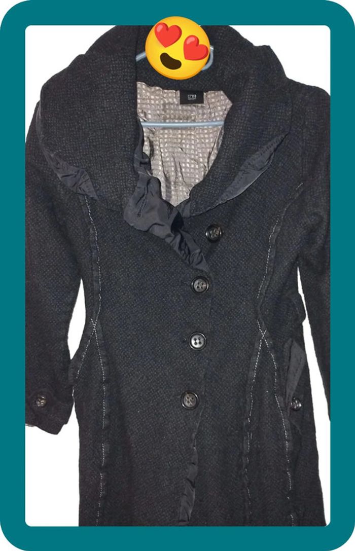 Manteau femme noir, laine et lin, taille 40