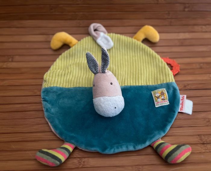 Doudou plat rond Ane bleu vert les cousins du moulin dentition moulin roty - photo numéro 2