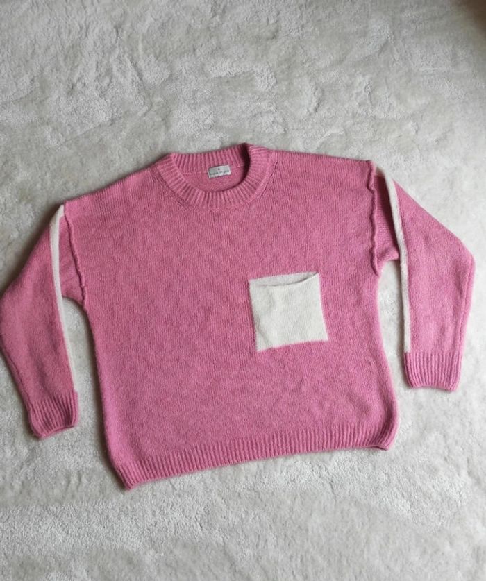 Magnifique pull loose rose bonbon blanc Balance ton pull avec poche taille unique comme neuf - photo numéro 5