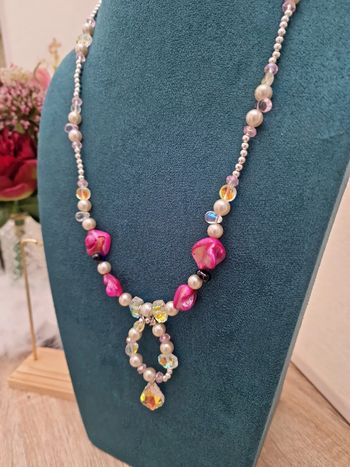 Collier Sautoir Perles Nacrées Perles Cristal Perles Coquillage Fushia
