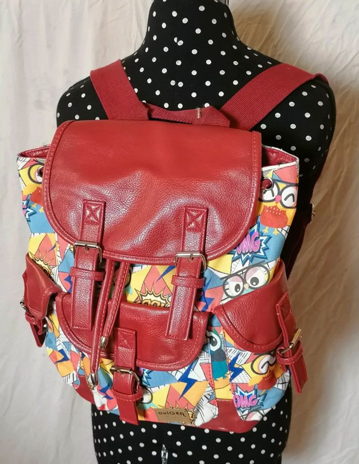 Sac à dos cuir écologique rouge multicolore manga Oxigen - photo numéro 3
