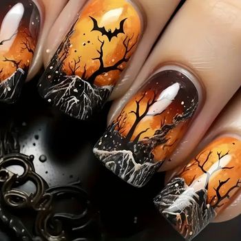🦇 Faux ongles Halloween Forêt Hantée – 24 pièces pour un look mystique ! 🌕🕸️