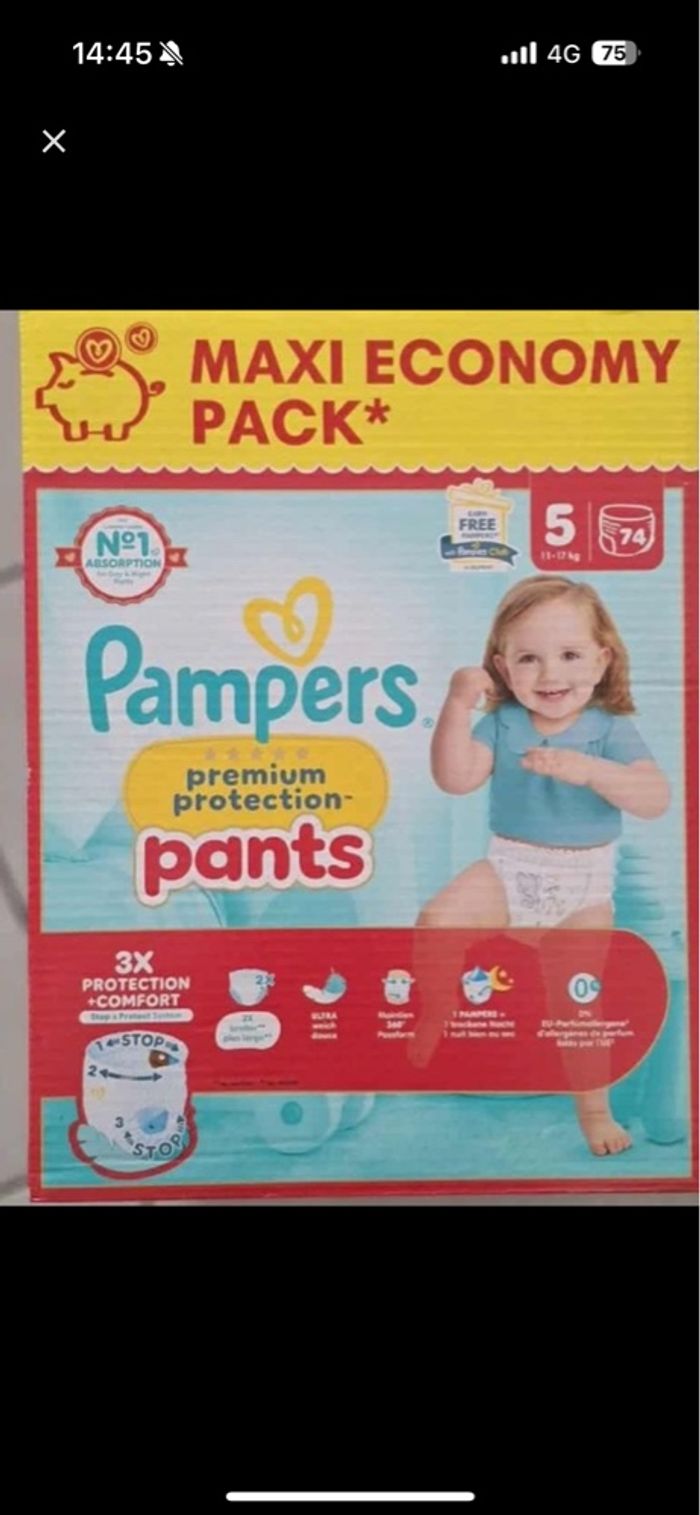 2 cartons de couches Pampers prenium taille 5 pants