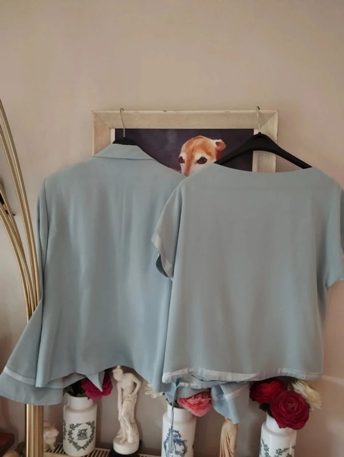 🌹 Ensemble Veste & Top Bleu Pastel Strass & Satin Gérard Pasquier T46/48 Un Petit Défaut🌹 - photo numéro 14