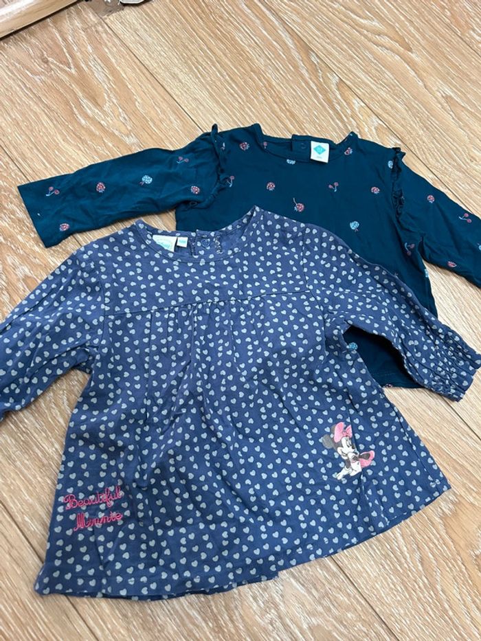 Lot de 2 t-shirt haut en coton - 1 Disney Minnie 12 mois bleu marine à pois - tex avec fruits