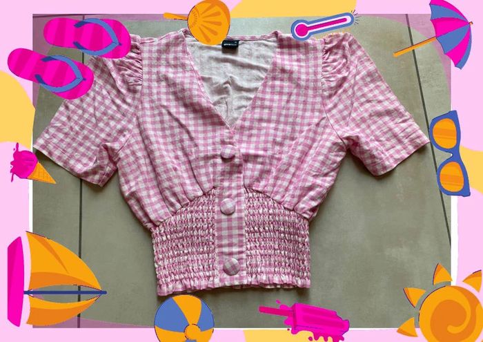 Blouse rose fushia blanc à carreaux - photo numéro 2