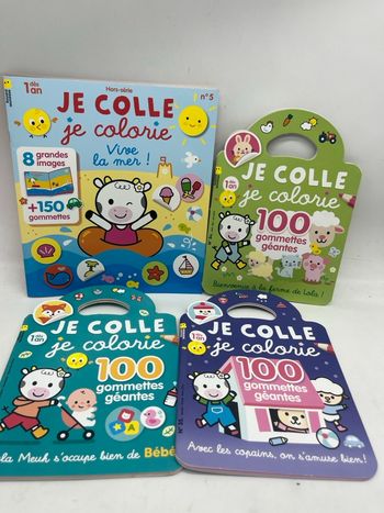 Lot de 4 livres d’activités Magazine Je colle je colorie Avec 100 gommettes géantes imagier neuf avec Lola meuh Jeux activité stickers etc ...   Le lot n'est pas dissociable !