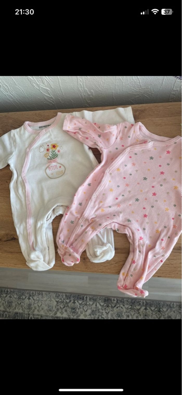 Lot de 2 pyjamas ouverture avant côtelé rose & blanc orchestra bb 1 mois