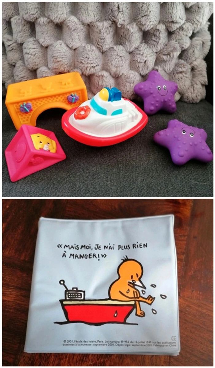 Lot de jouets de bain et 1 livre plastifié