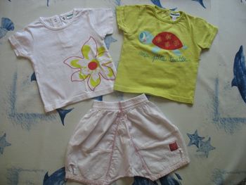 LOT 3 PCS BÉBÉ FILLE : 2 TEE SHIRT MC "VERTBAUDET" + BLOOMER BLANC "BABY TORTUE" - 6 MOIS - n°02