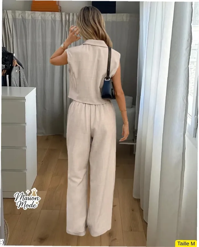 Ensemble M Beige Coordonné Blazer sans Manches - Pantalon Large Neuf Jamais Porté - photo numéro 2