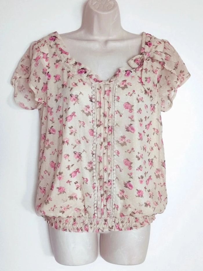 Chemisier bouffant volant écru fleur rose coquette / Vera Moda - 36/S - photo numéro 6