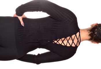 pull fin ajusté noir uni dos semi nu croisé col rond manches longues taille S