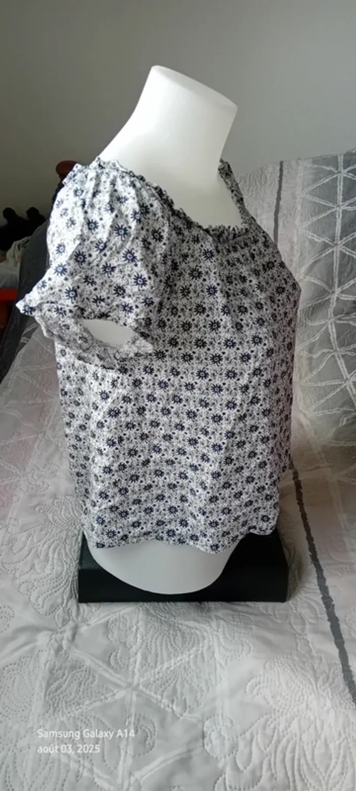 Blouse courte large col Bardot elastique potif fleurs bleu femme 38 clockhouse - photo numéro 6