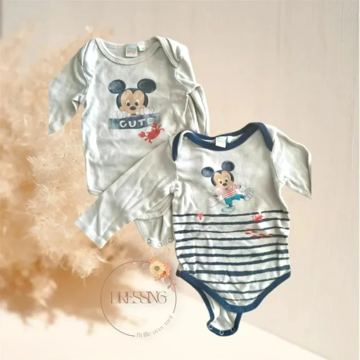 Lot 2 bodies manche longue Mickey 12 mois 74 cm