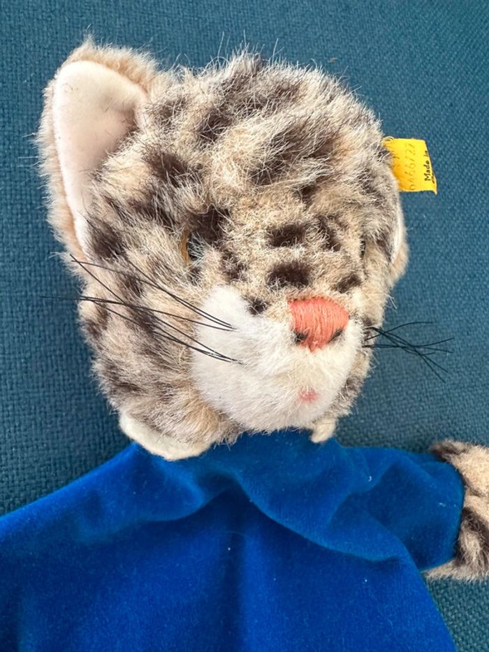 Marionnette à main ancienne Steiff Chat Panthère 28cm robe bleu théâtre traditionnelle - photo numéro 3