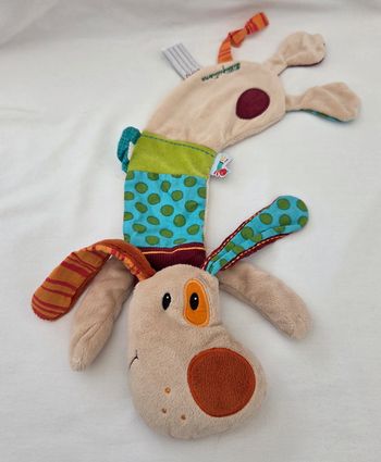 Grand doudou marionnette Jef le chien beige, bleu ,vert ,orange - Lilliputiens