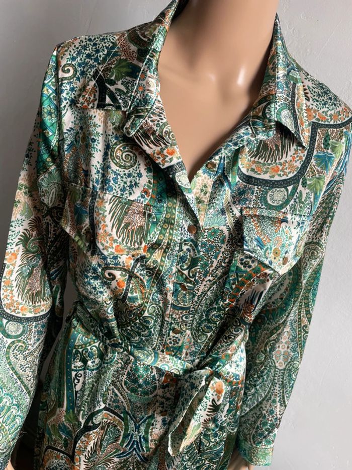 💚 Robe Chemise Longue Imprimé Paisley Vert & Blanc - Taille Unique, Excellent État 💚 - photo numéro 7