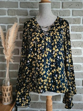 Blouse fleurie Zara manches tulipes bleu et jaune M 38