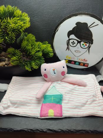 Doudou Chat Plat Rose Rayé maison blanc queue noeud orchestra Prémaman 2375