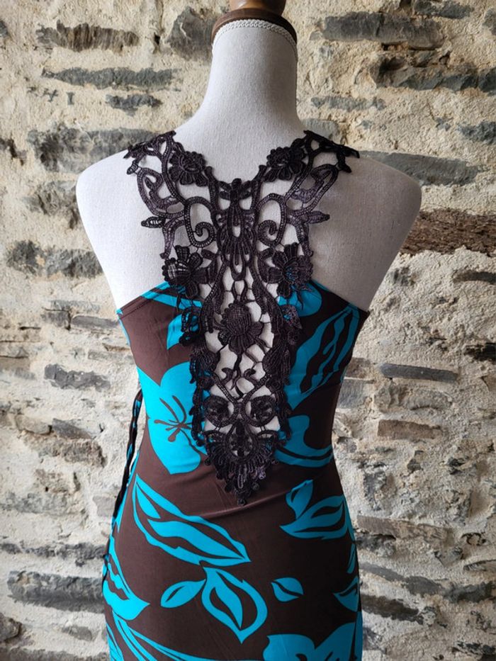 Robe longue d'été à fleurs hawaïennes turquoise marron dentelle au dos La Redoute Taille 36/38 - photo numéro 3