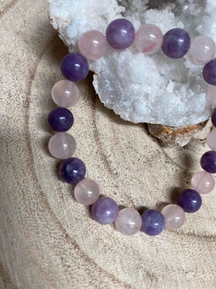 Bracelet lepidolite et quartz rose 18 cm , lithothérapie - photo numéro 6
