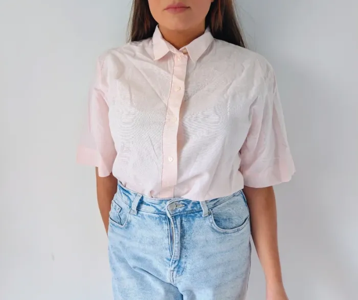Chemise manches courtes coton rose pâle ample style vintage rétro Printemps Taille 38 - photo numéro 4
