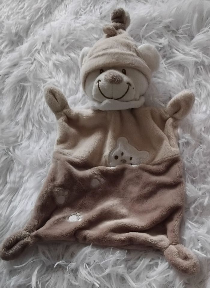 Doudou plat rectangle ours beige et marron- ours ,empreintes - Nicotoy