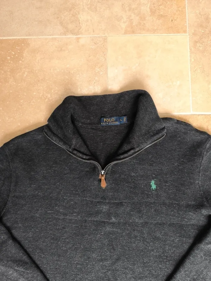 Pull quart zip camionneur gris foncé logo vert Ralph Lauren homme L excellent état - photo numéro 7