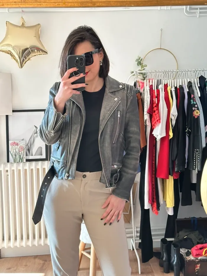 Perfecto cuir The Kooples gris noir taille 36 - photo numéro 2