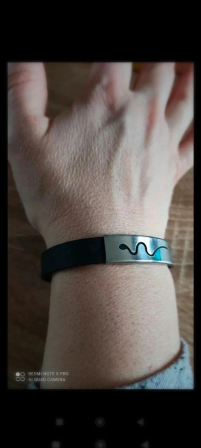 Bracelet noir plaque argenté acier motif serpent mixte - photo numéro 2