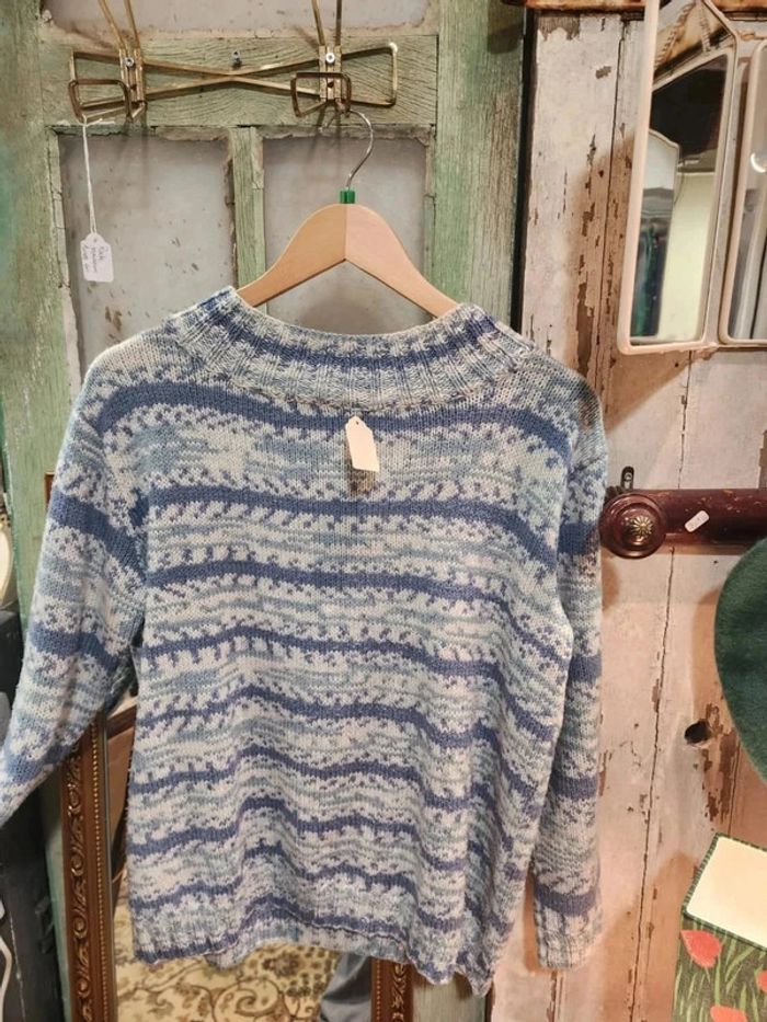 Joli pull col montant en maille coton vintage bleu ciel - photo numéro 5