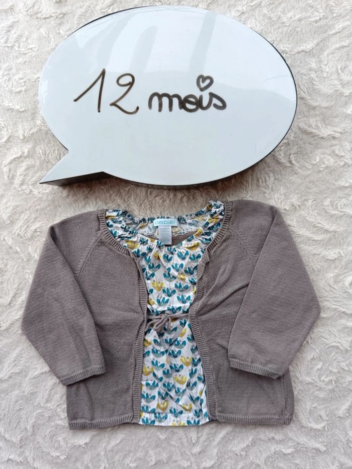 Tunique manches longues style gilet Fille 12 mois fleurs Obaïbi 100% coton