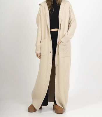 Cardigan Long-Gilet ivoire en Grosse Maille avec Capuche et Poches