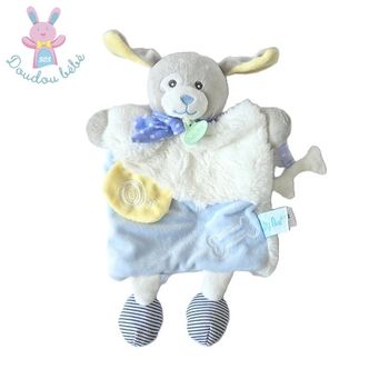 Doudou marionnette Chien les Douillettes blanc bleu os Baby Nat