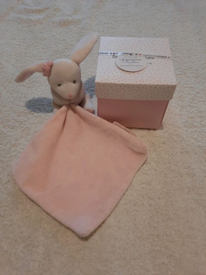Doudou lapin rose dans sa boîte