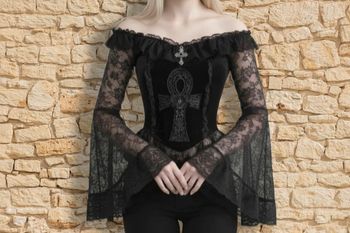 Blouse manches longues élégante en dentelle noire gothique avec épaules dénudées taille M/38 style vintage Y2K 