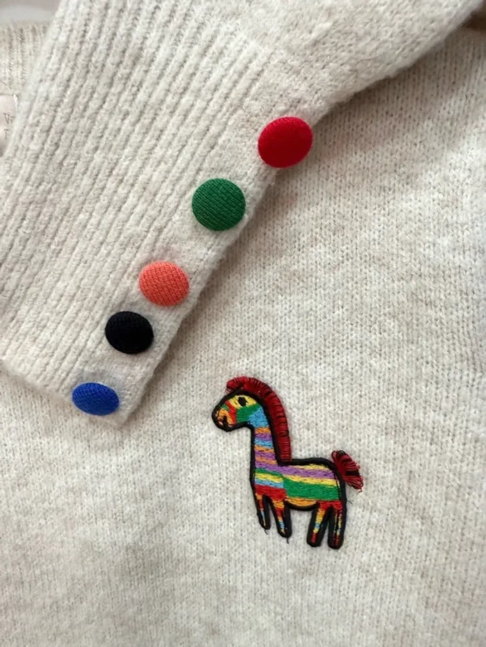 Pull beige bouton logo cheval laine - photo numéro 2