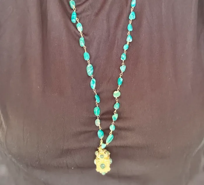 Collier sautoir  pierres amazonites grigri malachite acier - photo numéro 9