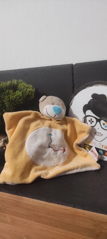 Doudou plat ours gris orange Emile pendule horloge bengy Jaune Bleu Rouge
