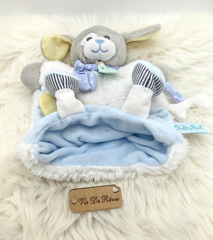 Doudou Marionnette Chien blanc bleu jaune Baby Nat Os Douillettes BN0282 - photo numéro 2