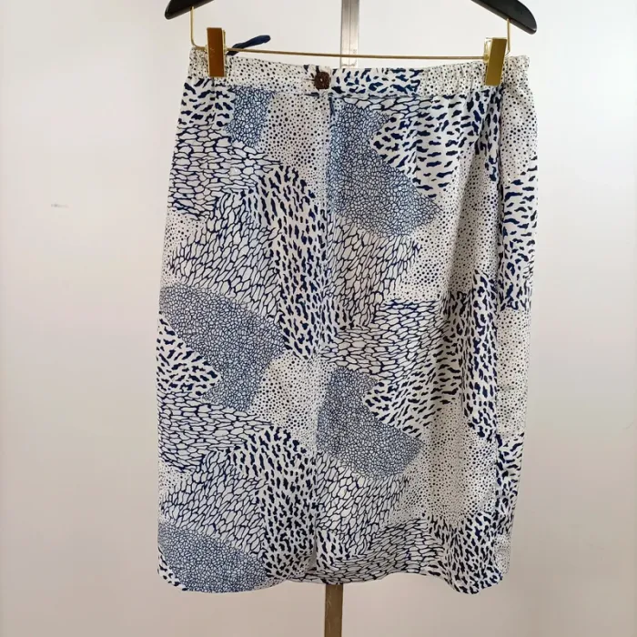 Jupe droite mi-longue imprimé bleu blanc abstrait made in France taille S A1392