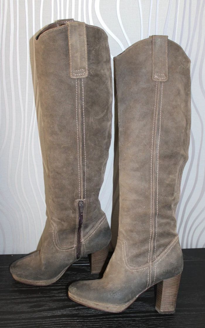 bottes hautes en cuir retourné effet vieilli talon haut et large = 8 cms - photo numéro 3